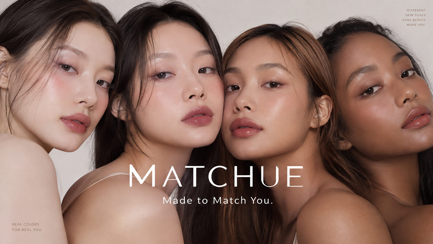 네 명의 인물과 MATCHUE 로고가 있는 뷰티 브랜드 이미지